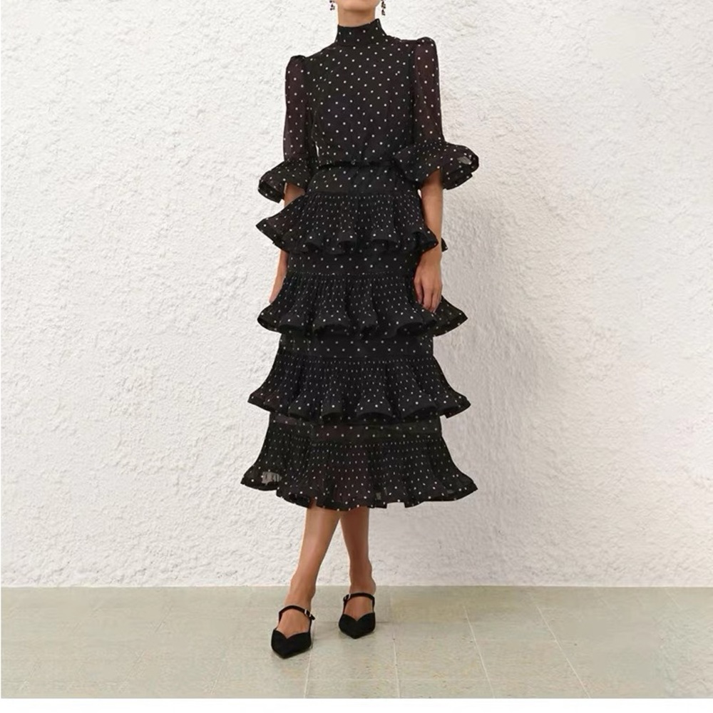 Designer Elaborate Black Polka Dot Ruffled Dress - Picture 9 of 11